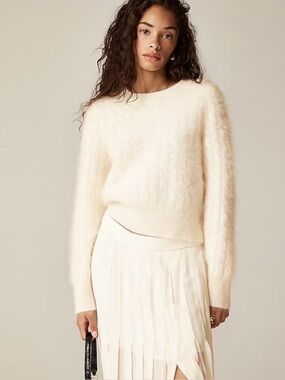 J.Crew Ivory Brushed Cashmere Shrunken Cable-Knot Crewneck Sweater